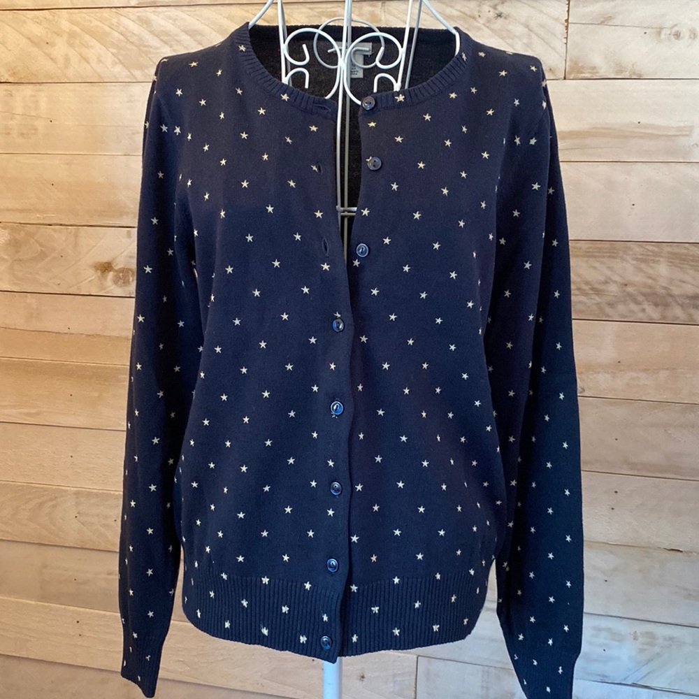 L.L.Bean Medium Navy Blue Star Button Down Cardigan